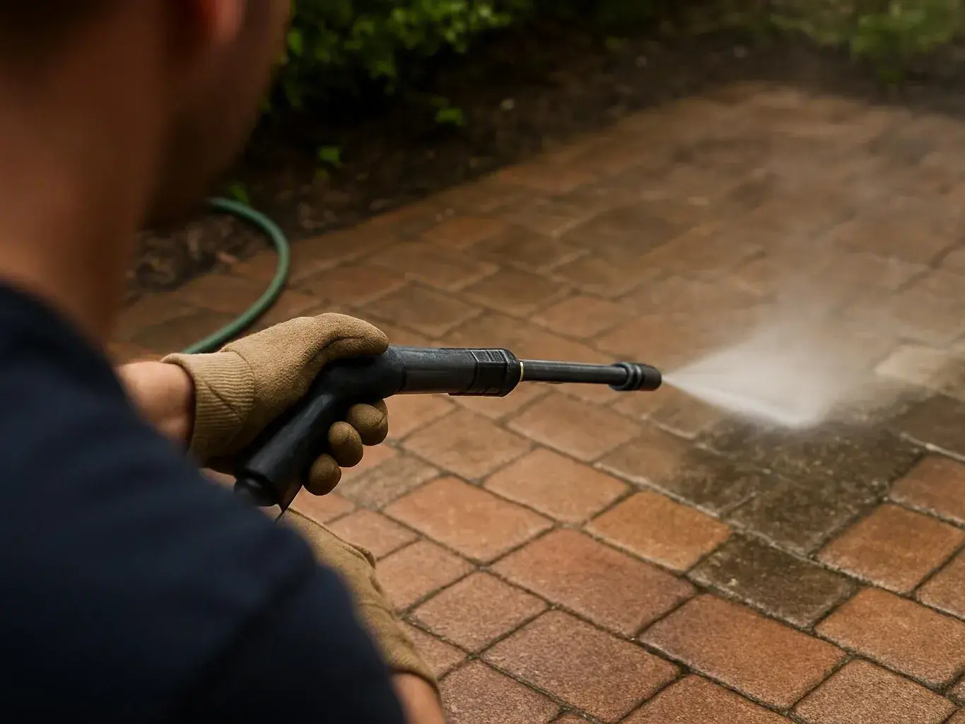 A gloved person sprays water across a brick patio with a pressure washer￼