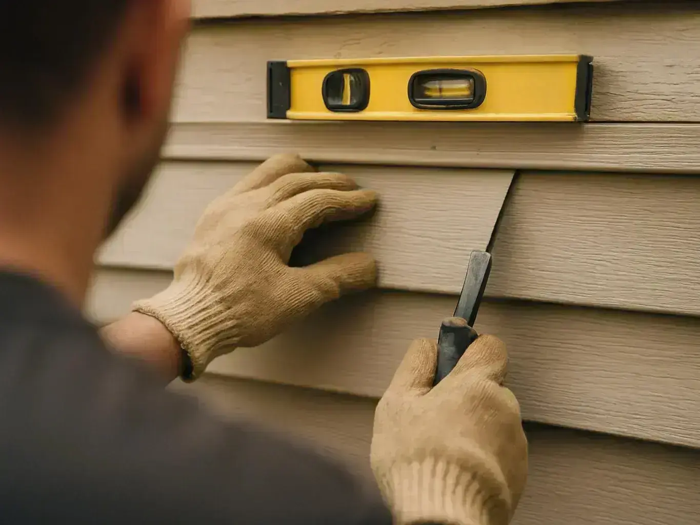 A gloved worker checks siding with a level while holding a tool against a house wall