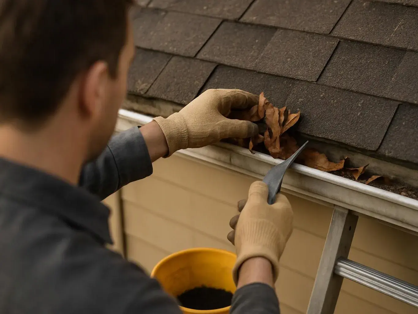 A gloved worker clears leaves from a roof gutter beside a ladder and bucket