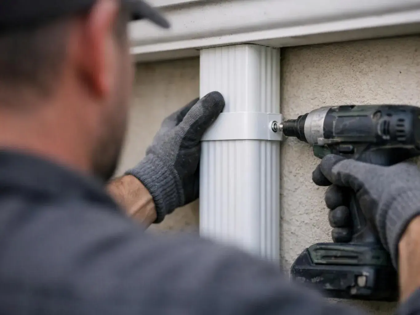A gloved worker drills a white gutter downspout against an exterior wall