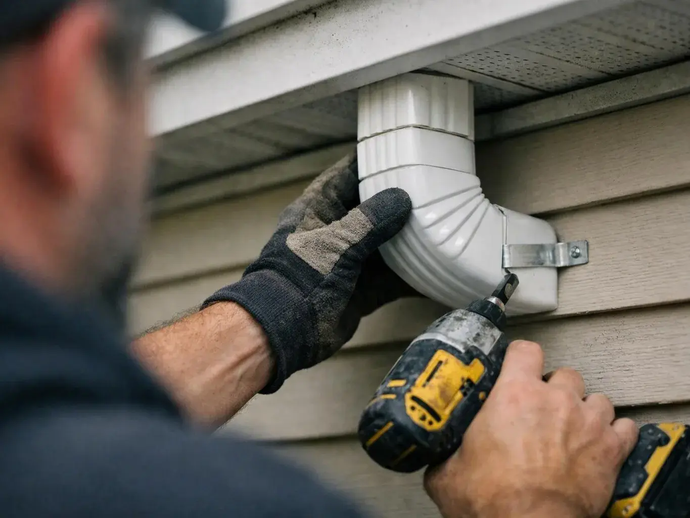 A gloved worker fastens a white downspout elbow under the roof with a cordless drill
