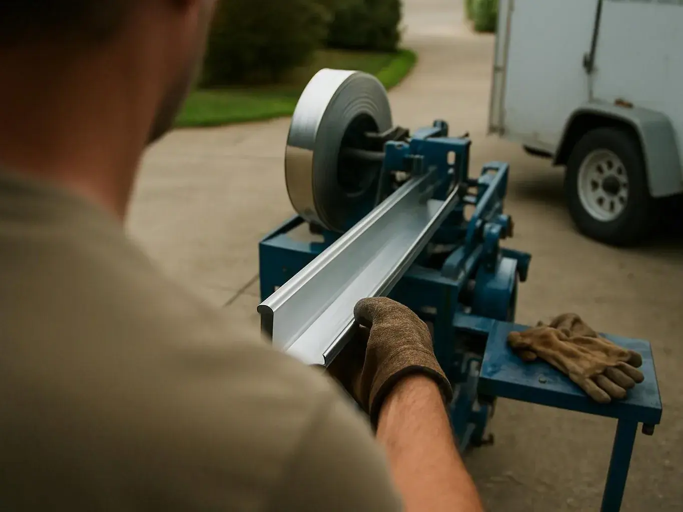 A gloved worker feeds a long metal strip into a blue machine beside a trailer outdoors