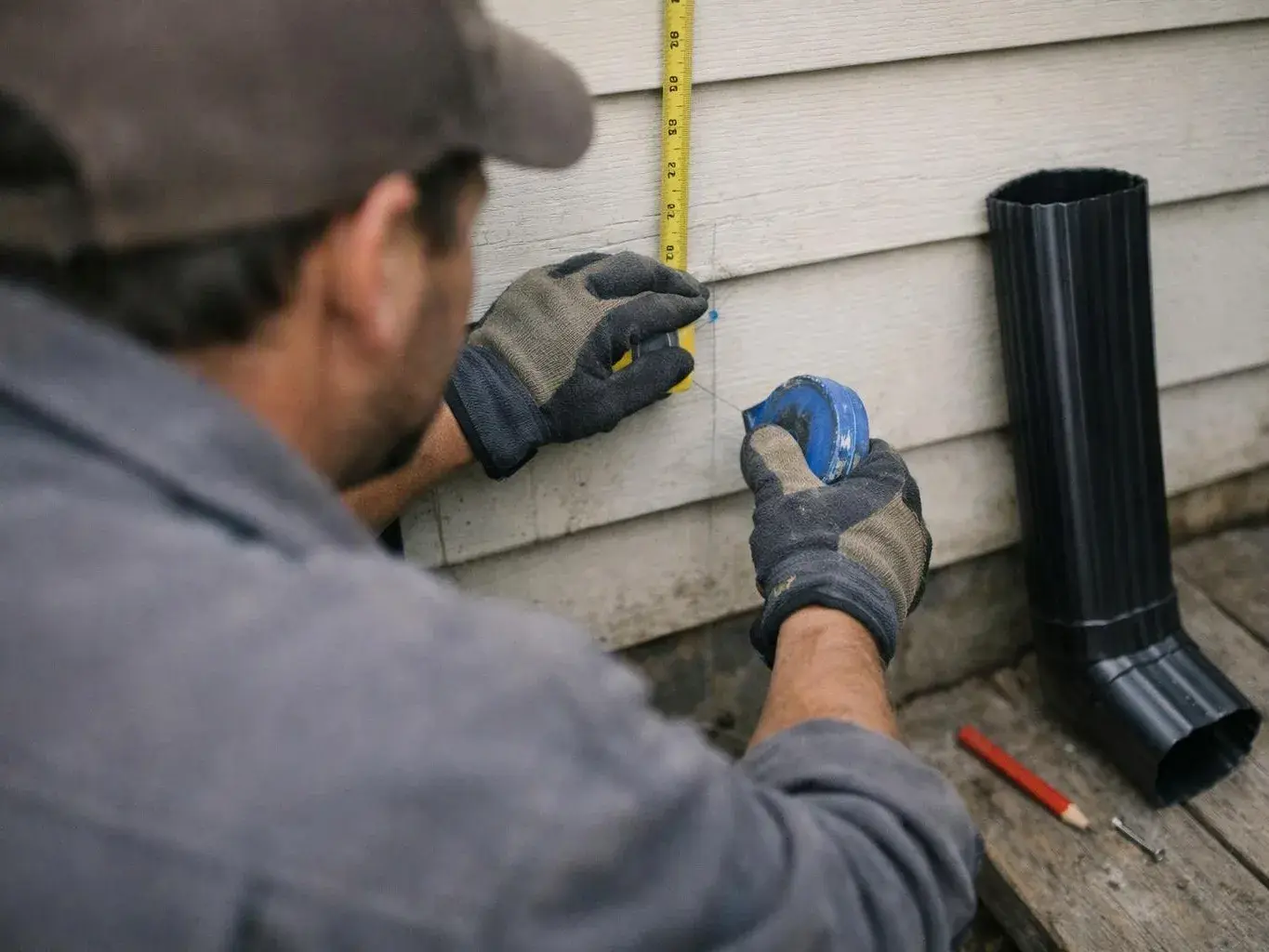 A gloved worker measures a siding wall with a tape and marks a spot beside a black downspout