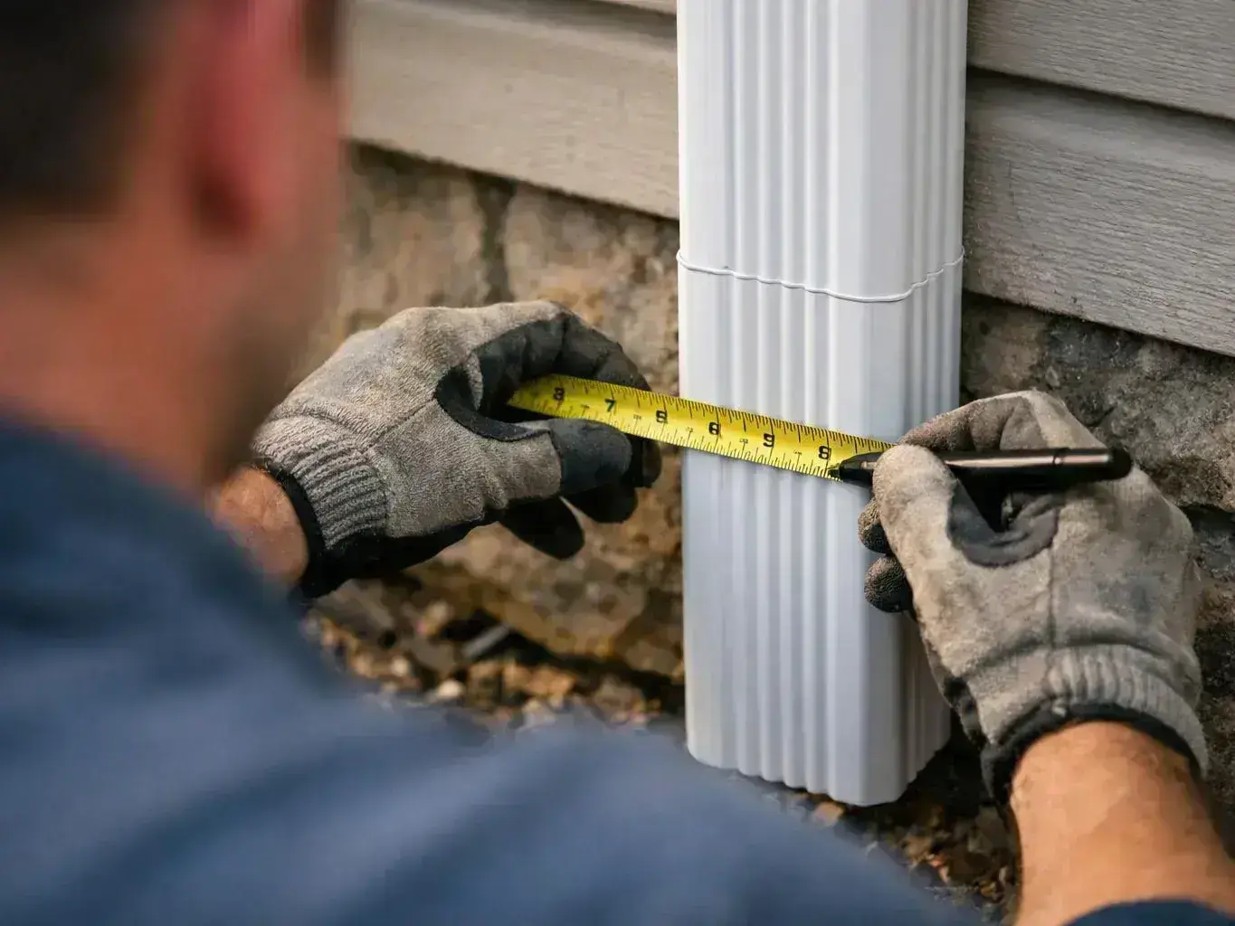 A gloved worker measures a white downspout beside a stone foundation wall outdoors