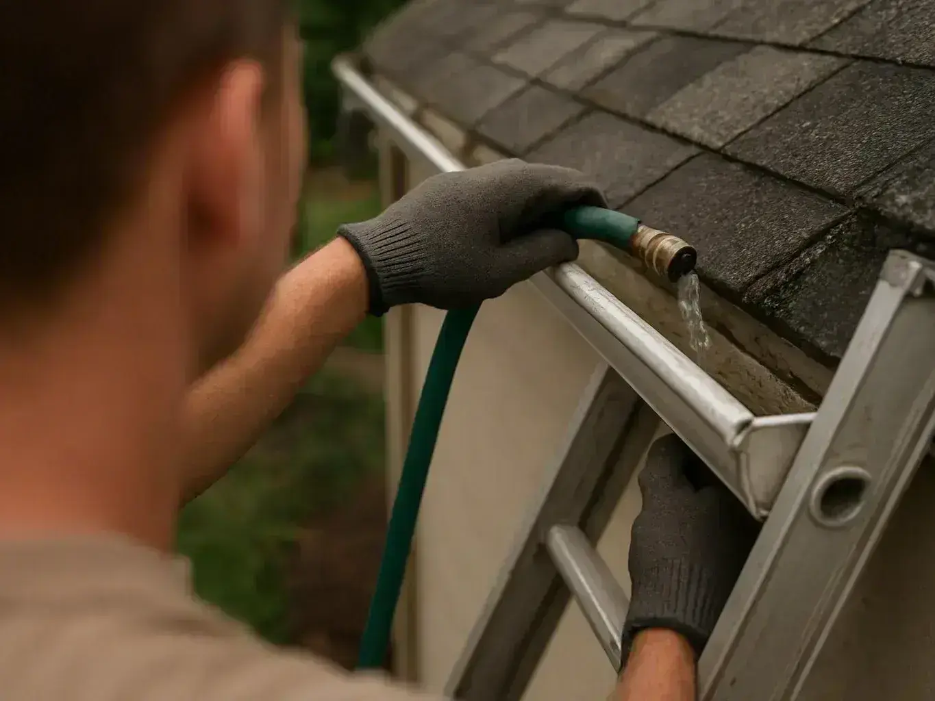A gloved worker sprays water at a roof gutter beside a ladder on a house
