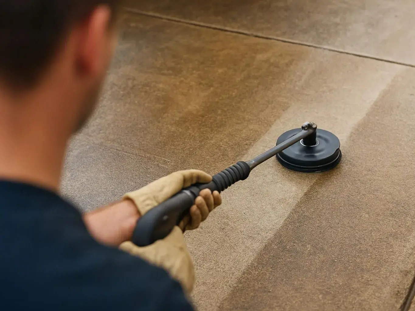 A gloved worker uses a floor cleaning machine on a concrete surface indoors
