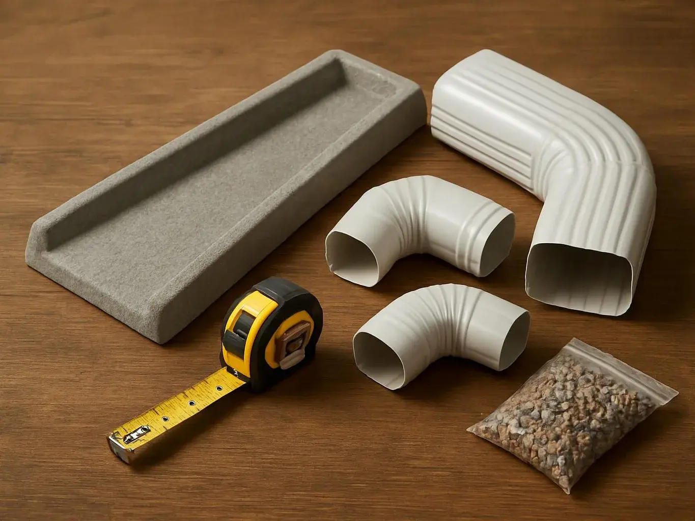 A gray tray, white duct elbows, a tape measure, and a small bag of pebbles sit on a wooden table