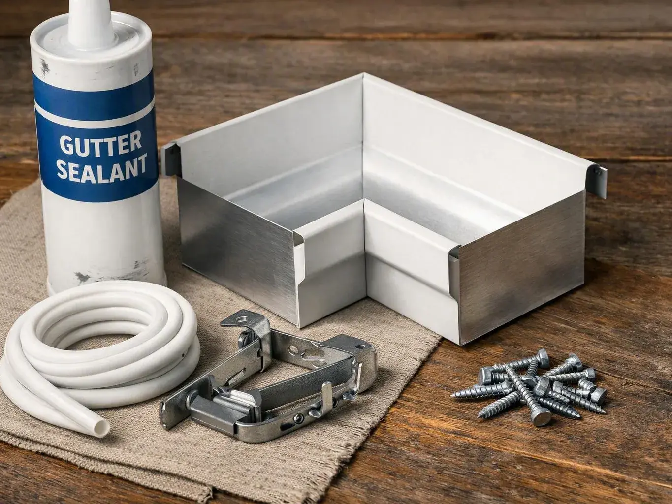 Gutter sealant, white tubing, metal brackets, and screws sit beside a gutter corner on a wooden table