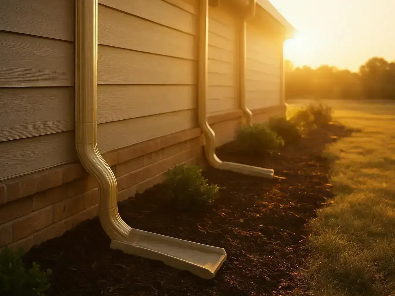 Gutters and downspouts run along a house wall above dark mulch and small shrubs at sunset