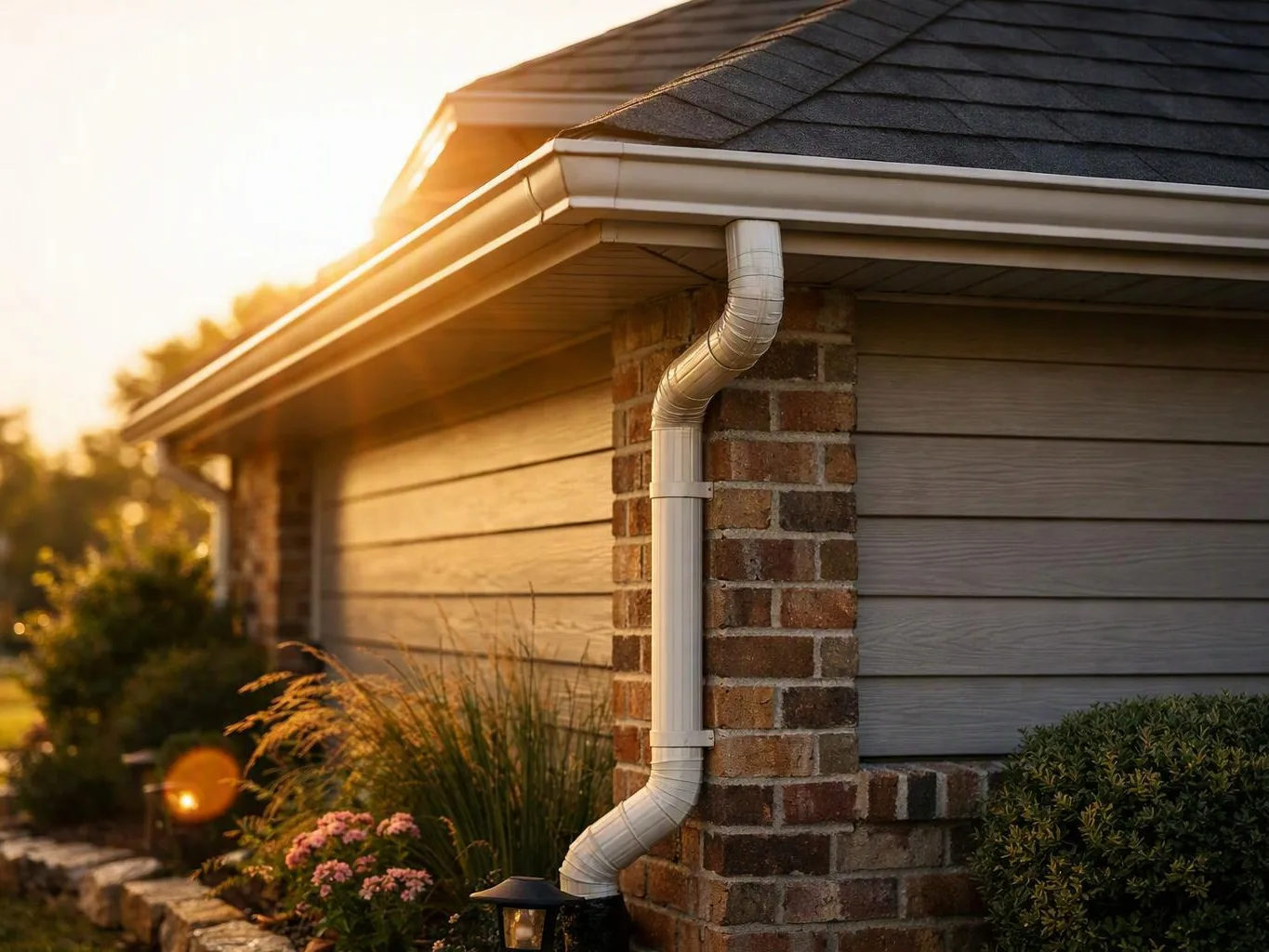 Sunlight hits a house corner with brick, siding, gutters, and a downspout beside shrubs and flowers