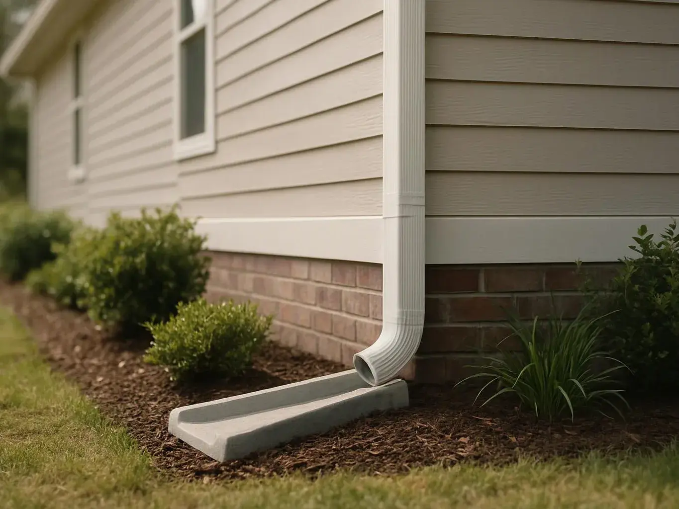 A house gutter drains into a concrete splash block beside mulch and shrubs