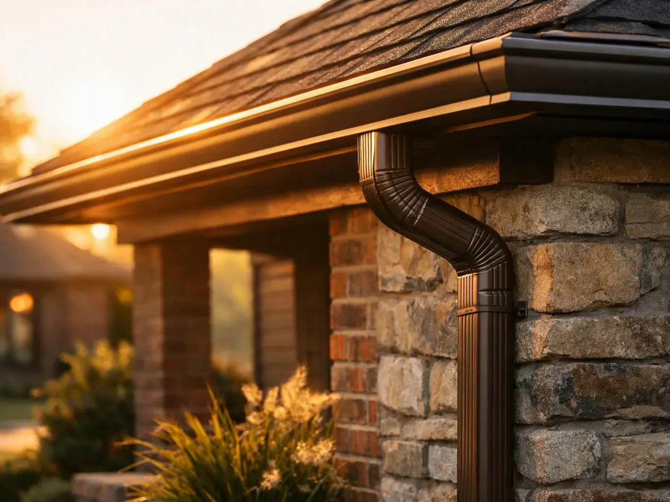 A house roof gutter and downspout run along a stone wall in warm evening light