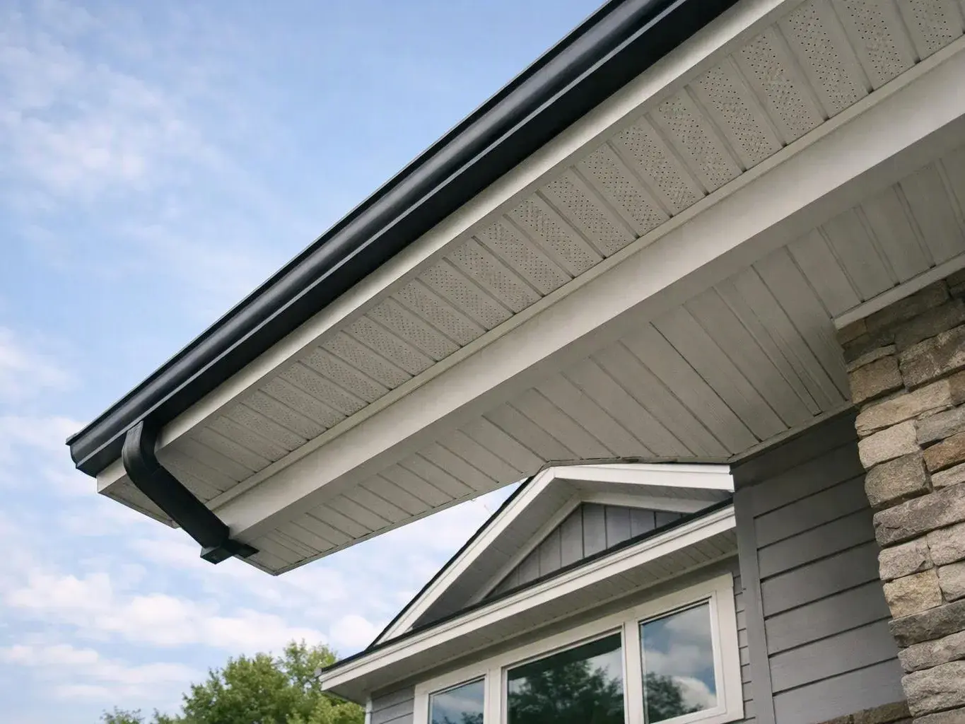 A house roof overhang with white soffits, black gutters, gray siding, and a stone wall against a cloudy blue sky
