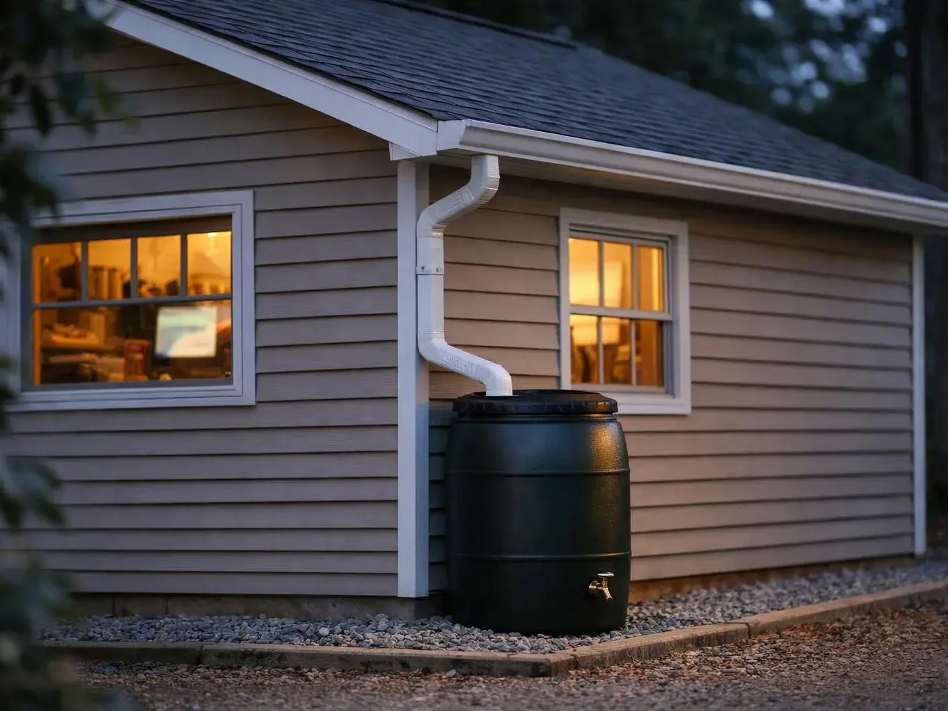 A house side shows lit windows, white gutters, and a large rain barrel beside gravel ground