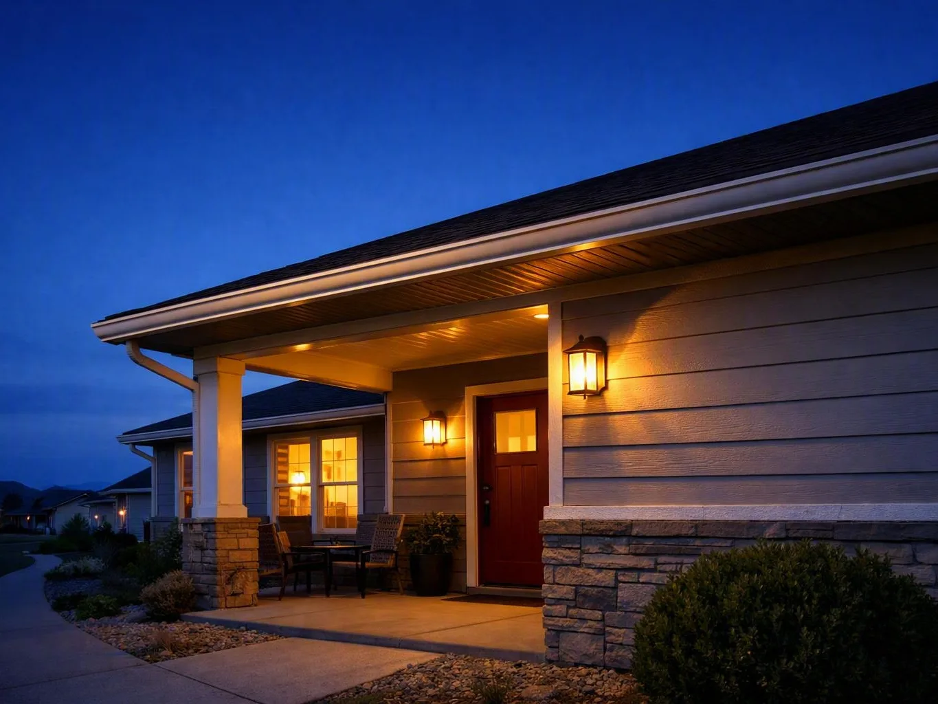 A lit house porch at dusk shows a red front door, glowing windows, and a small patio set