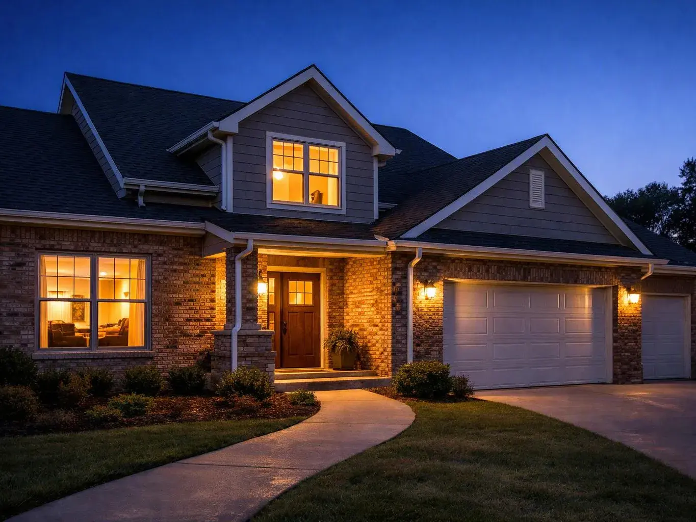 A lit suburban house with a brick facade and glowing windows sits beside a curved driveway at dusk