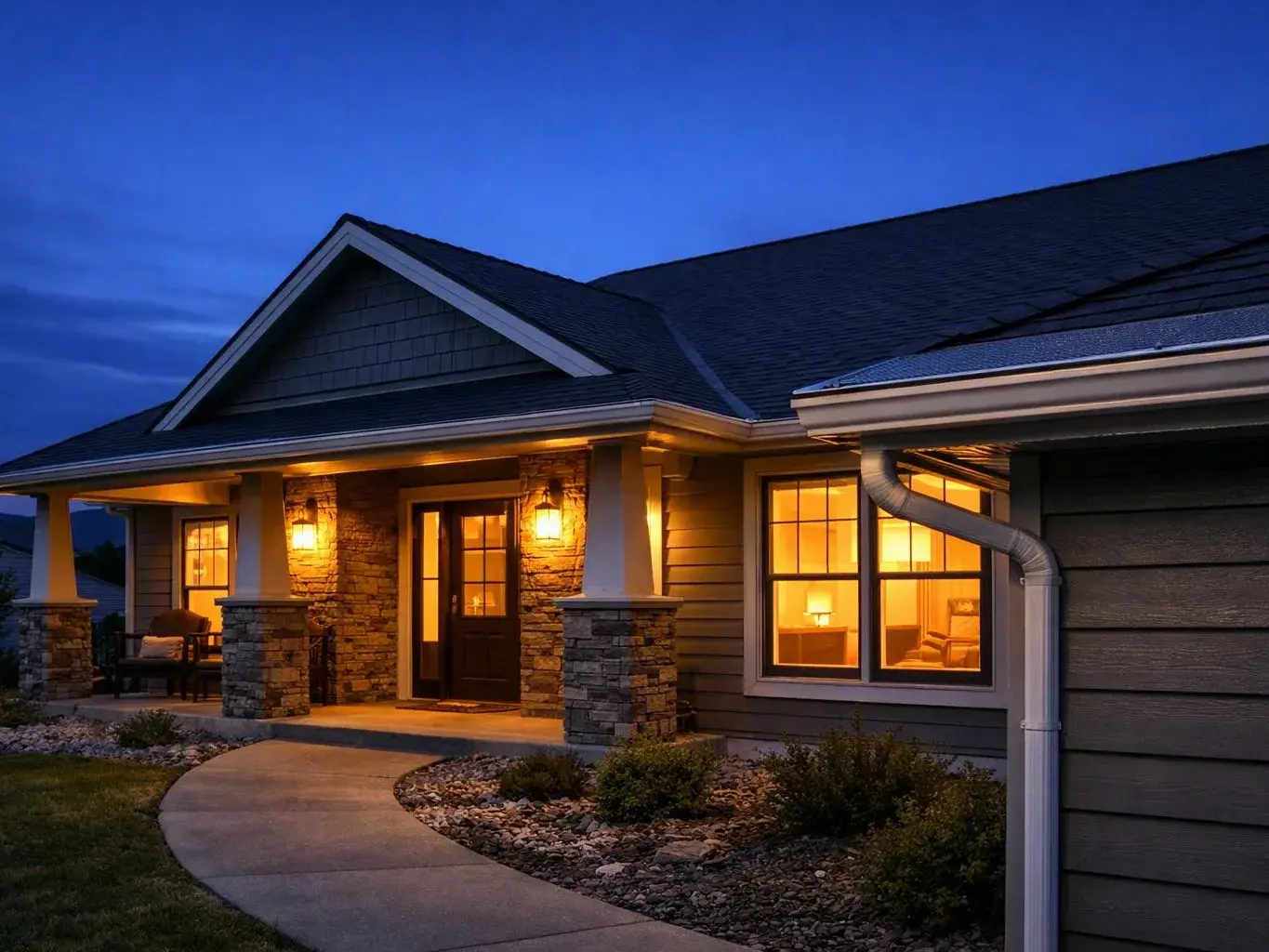 A lit suburban house porch with stone columns, glowing windows, and a curved walkway at dusk
