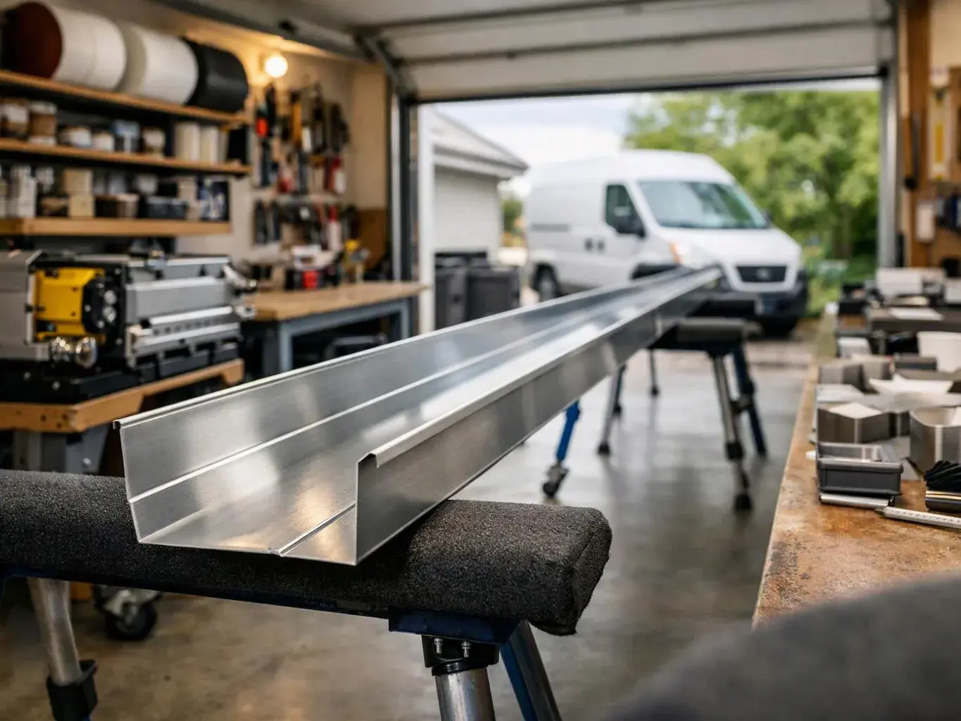 A long metal beam rests on padded stands inside a garage workshop, with a white van outside the open door