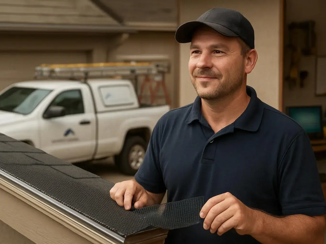 A man in a black cap holds black roofing material beside a house, with a white pickup truck in the background