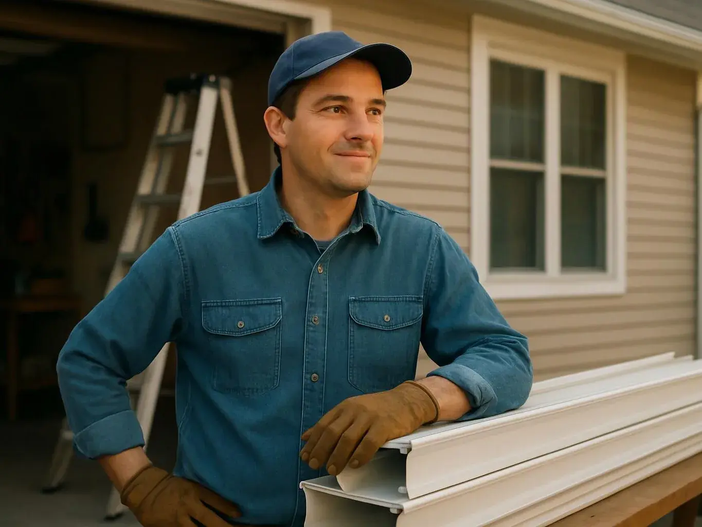 A man in a blue cap and shirt leans on white siding panels outside a house with a ladder behind him