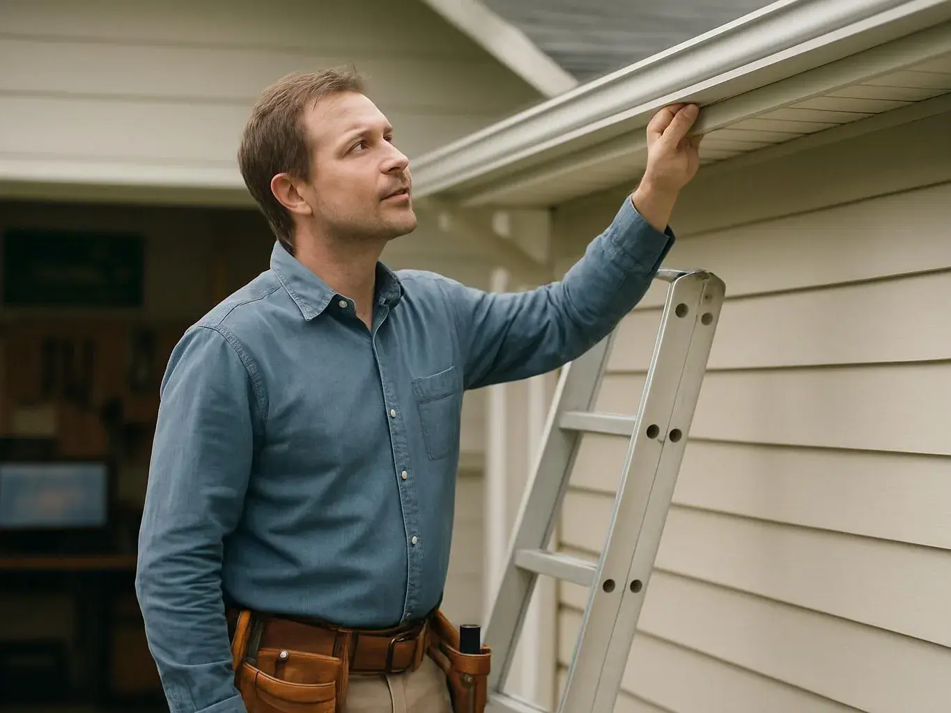A man in a blue shirt checks the roof edge while standing beside a ladder outside a house