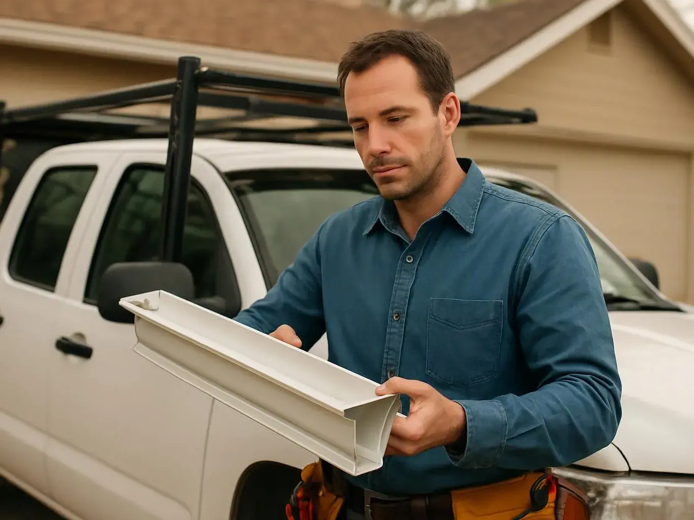 A man in a blue shirt inspects a white gutter section beside a white pickup truck in a driveway