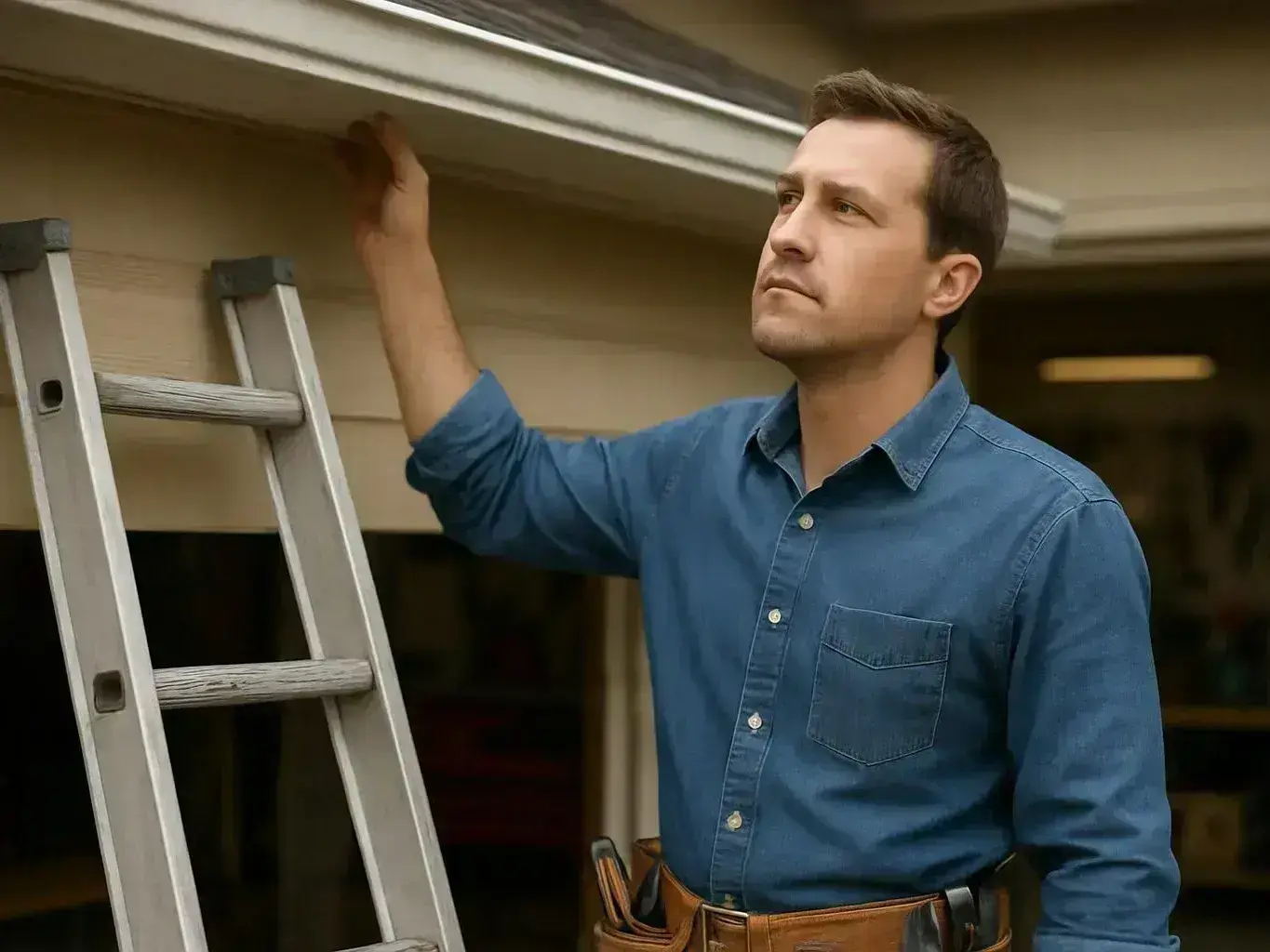 A man in a blue shirt stands beside a ladder, touching the roof edge outside a house