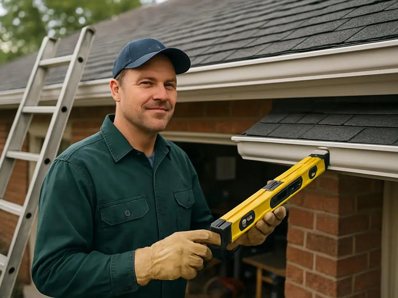 A man in a cap checks a roof gutter with a yellow level beside a ladder on a house