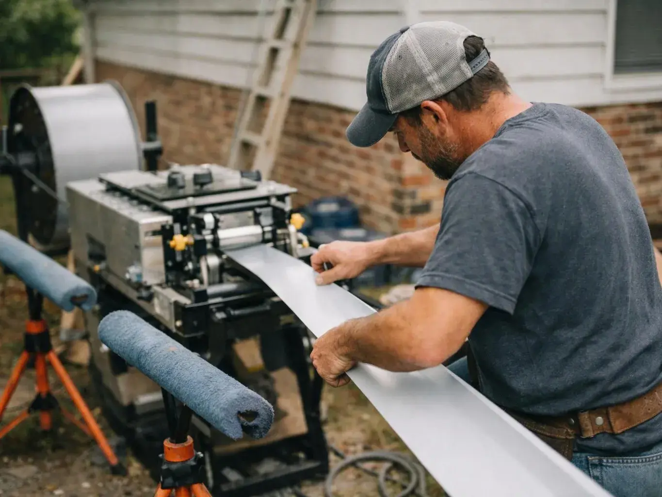 A man in a cap feeds a long metal sheet into a machine beside a house under construction