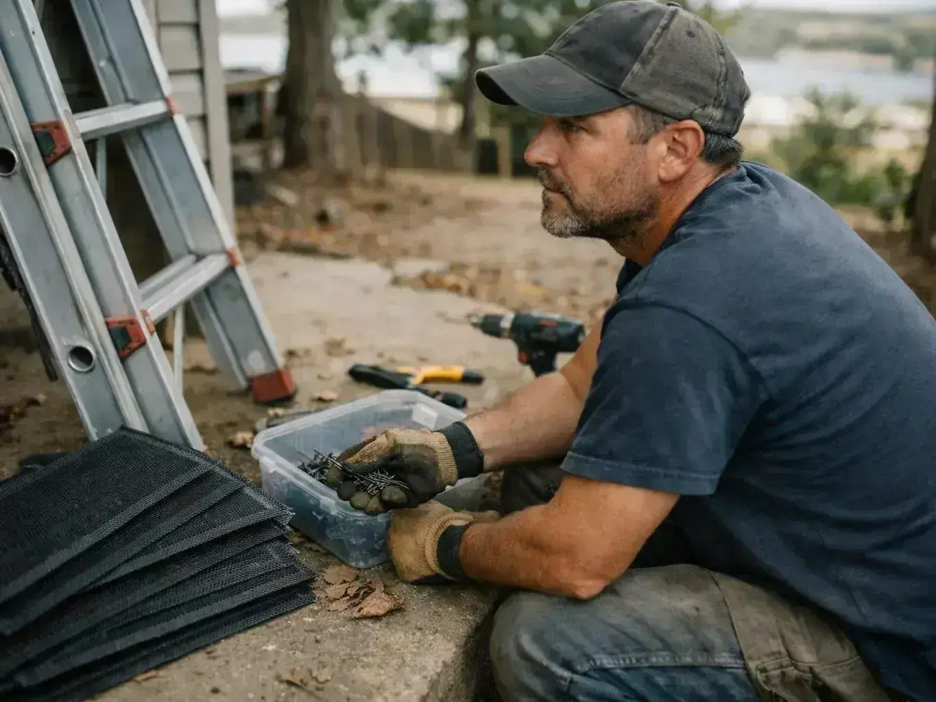 A man in a cap and gloves sorts screws beside a ladder and drill on a dusty outdoor worksite
