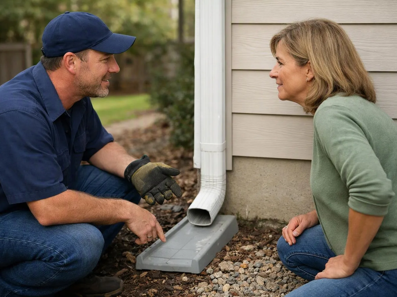 A man in a cap and gloves and a woman kneel by a house downspout, inspecting the drainage area