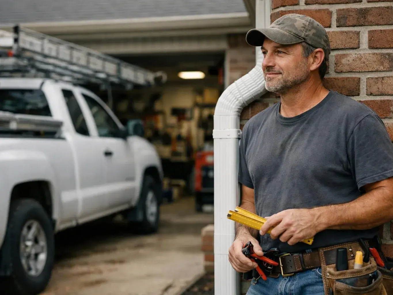 A man in a cap holds tools beside a brick wall, with a white pickup parked in an open garage behind him