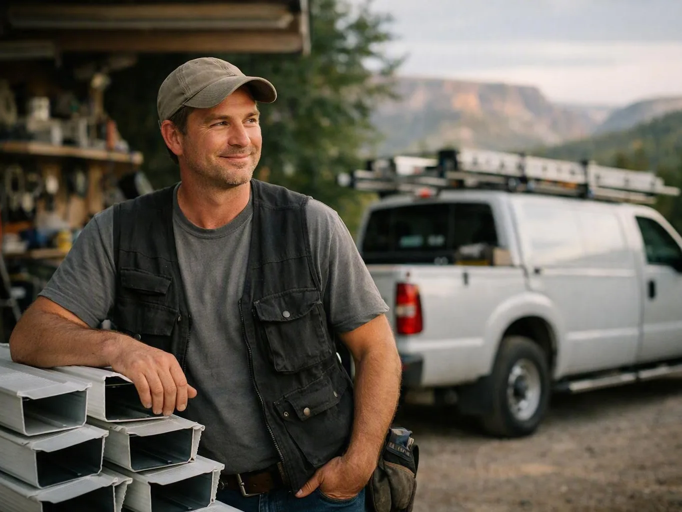A man in a cap leans on stacked metal beams beside a white work van outdoors