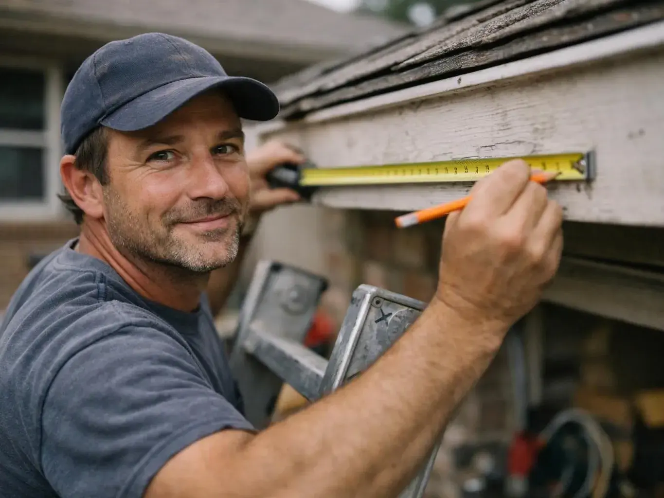 A man in a cap measures a roof edge with a tape and pencil on a house exterior