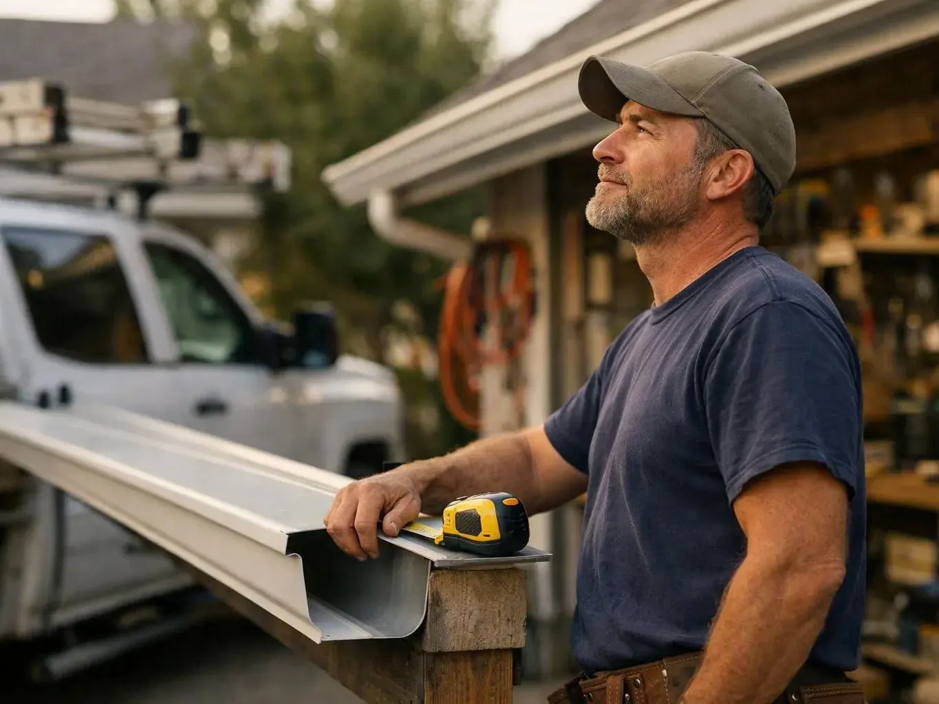 A man in a cap stands beside a metal gutter, holding a tape measure outside a house