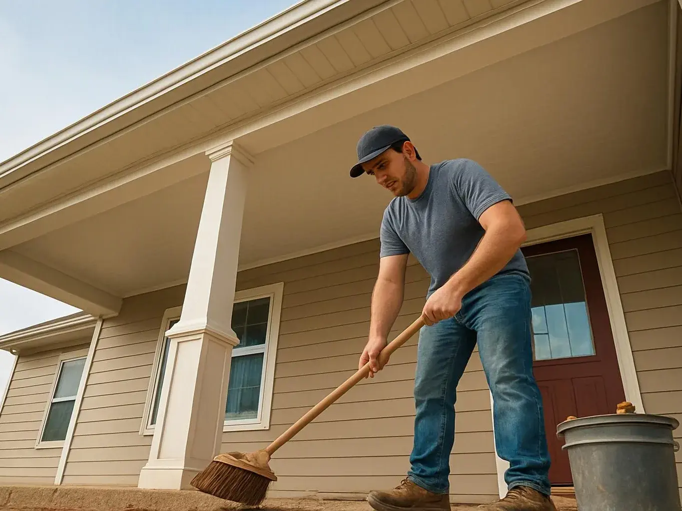 A man in a cap sweeps a front porch beside a house with beige siding and white columns