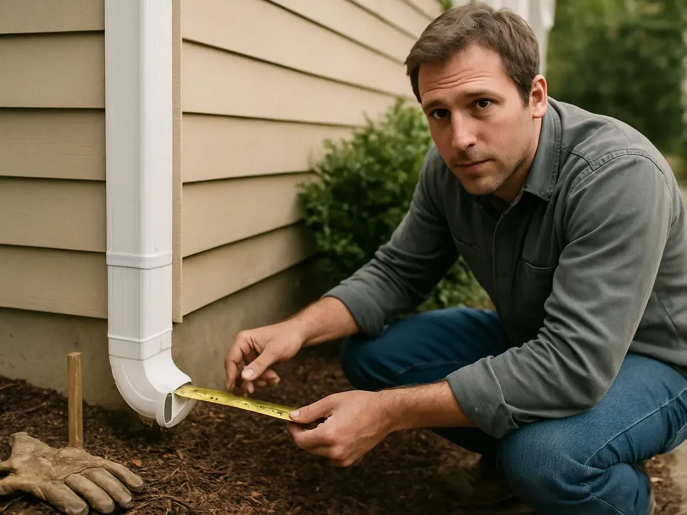 A man crouches by a house wall, measuring a white downspout with a tape measure outdoors