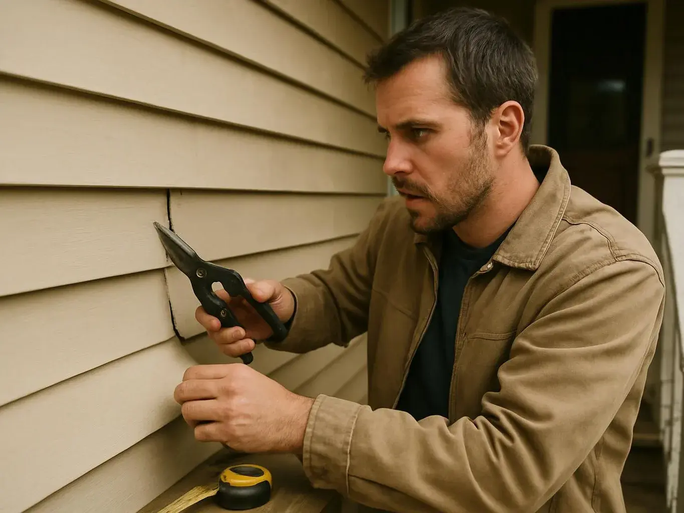A man cuts into house siding with tin snips while holding the loose edge near a doorway