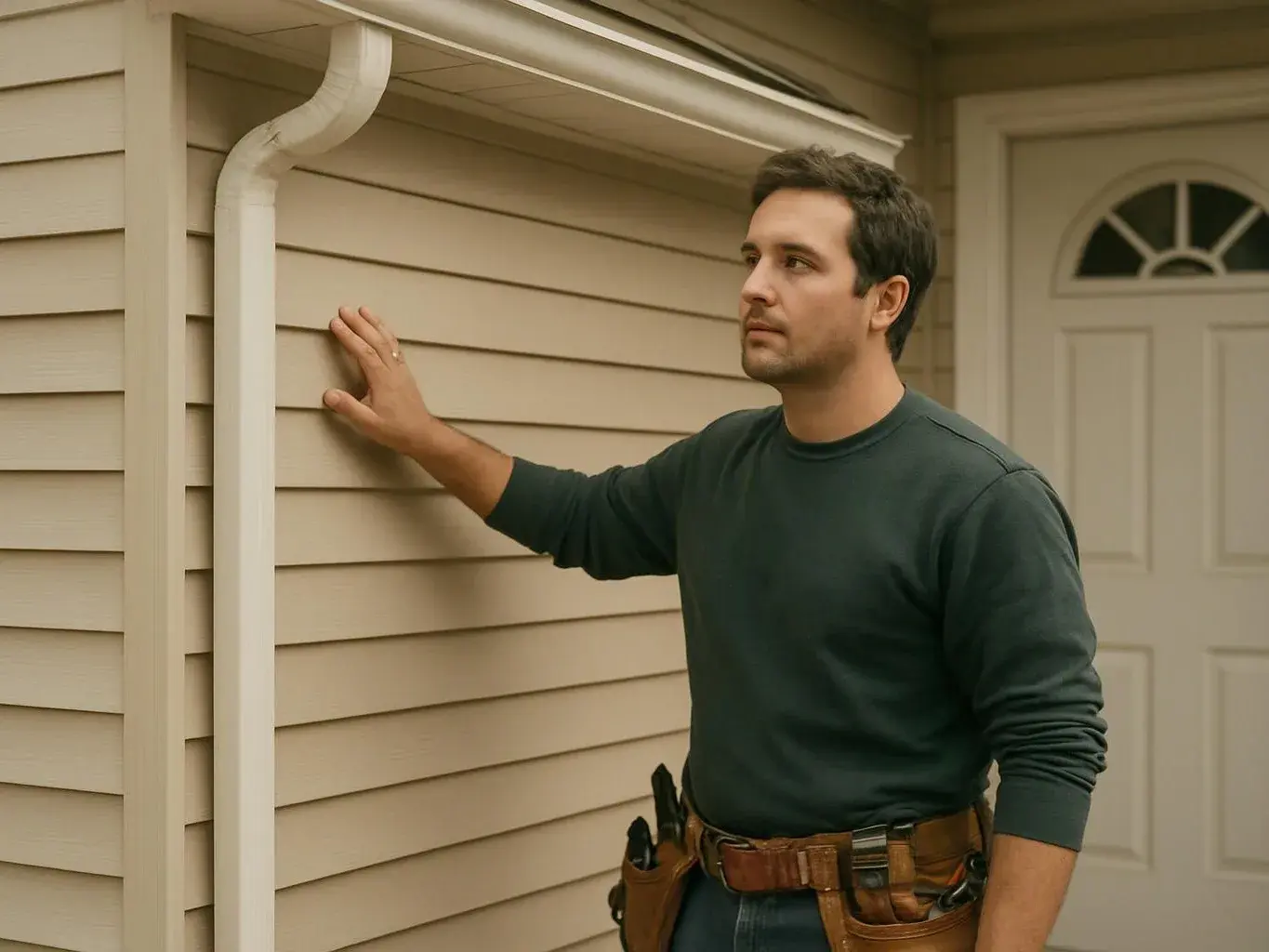 A man in a dark shirt inspects beige house siding beside a white downspout and garage door