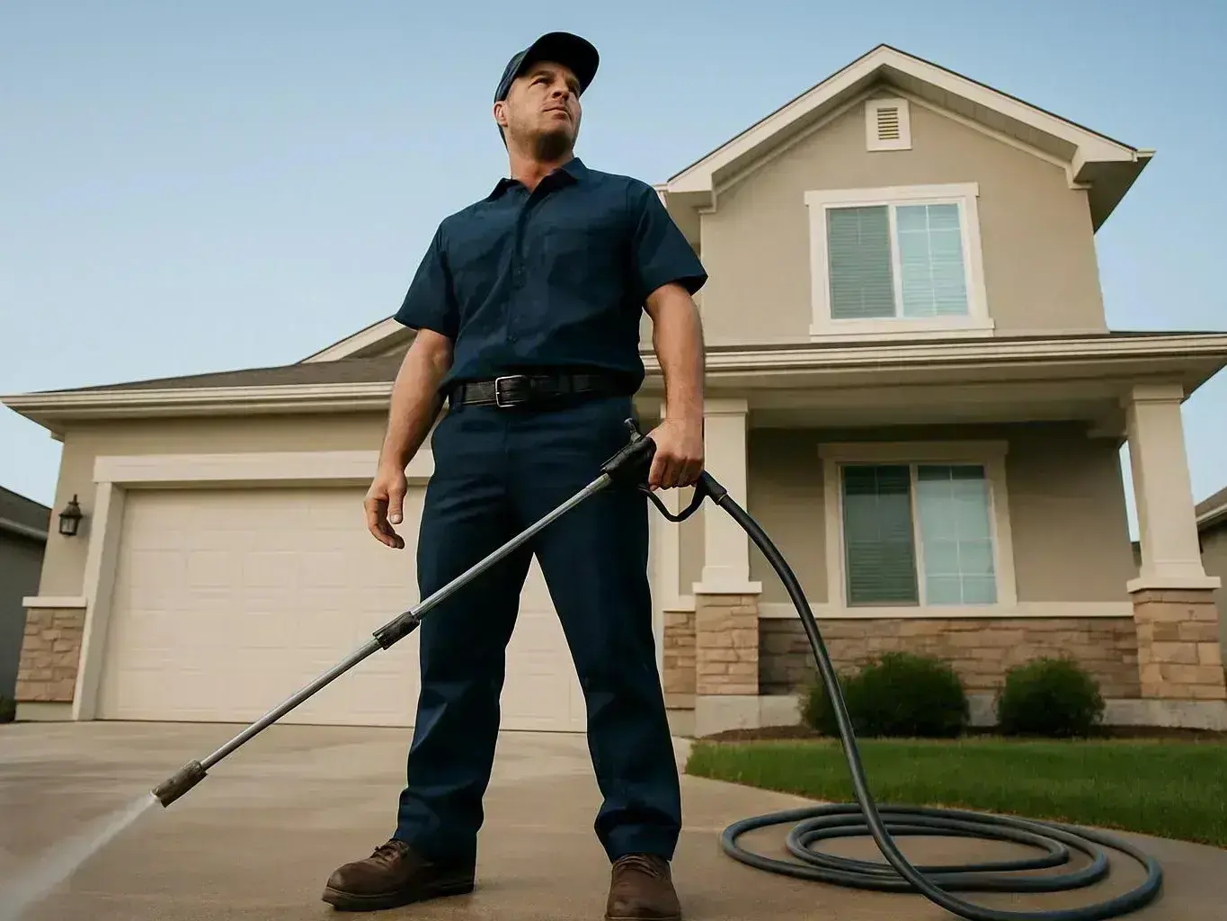 A man in a dark uniform sprays a driveway beside a two-story house with a hose wand