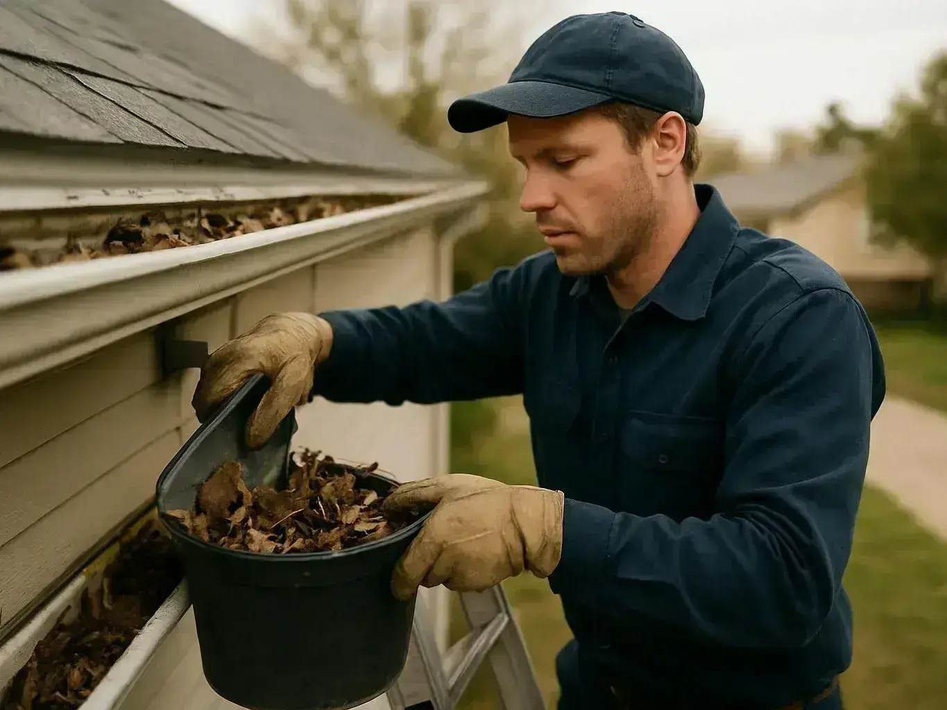 A man in gloves clears leaves from a house gutter using a bucket and ladder