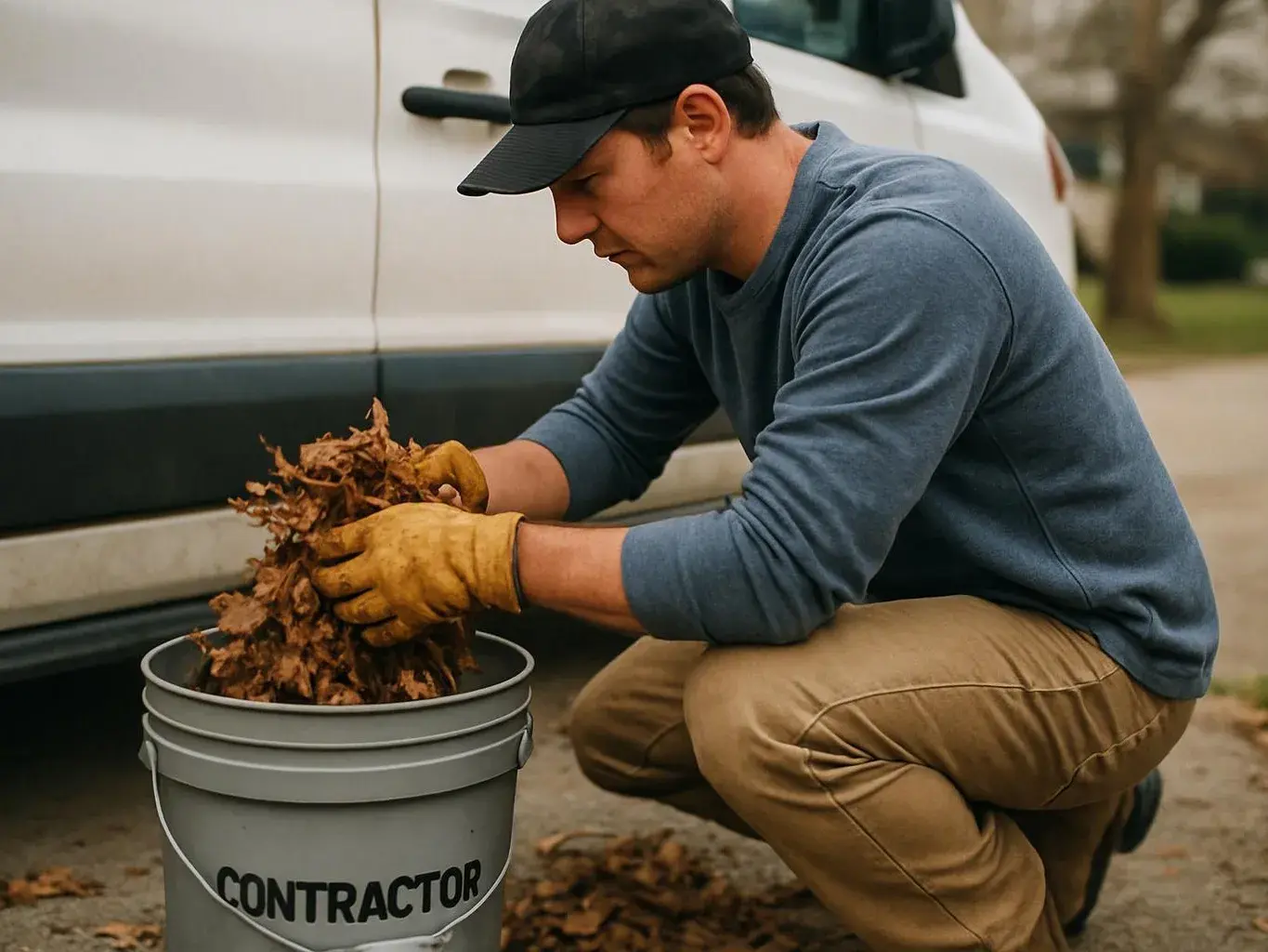 A man in gloves crouches by a white truck, packing dried leaves into a gray contractor bucket