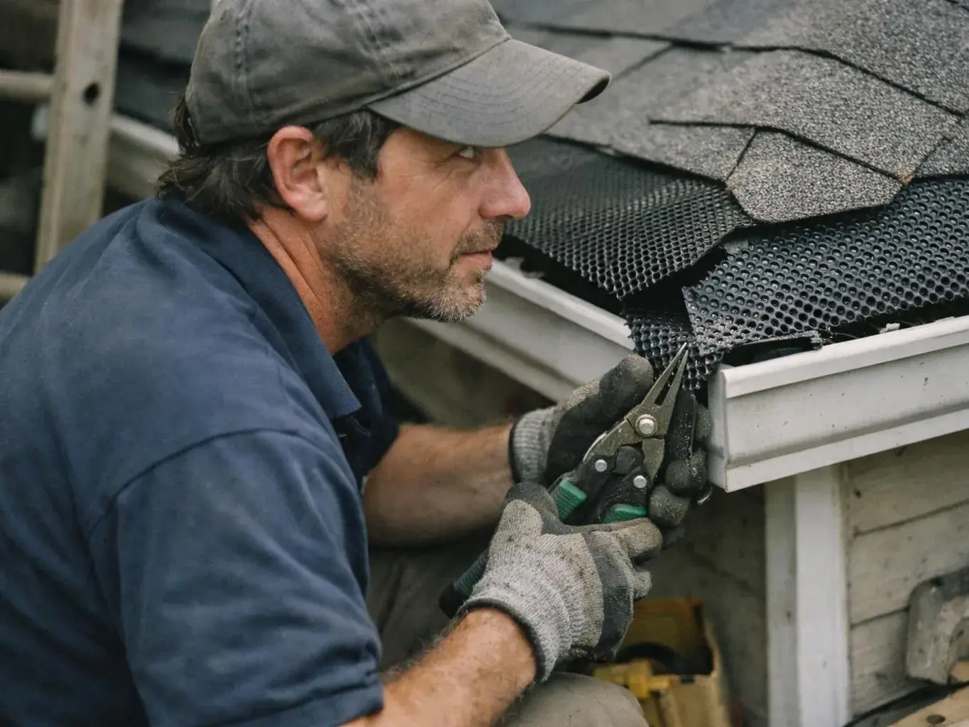 A man in gloves cuts black roofing material along a roof edge with pliers