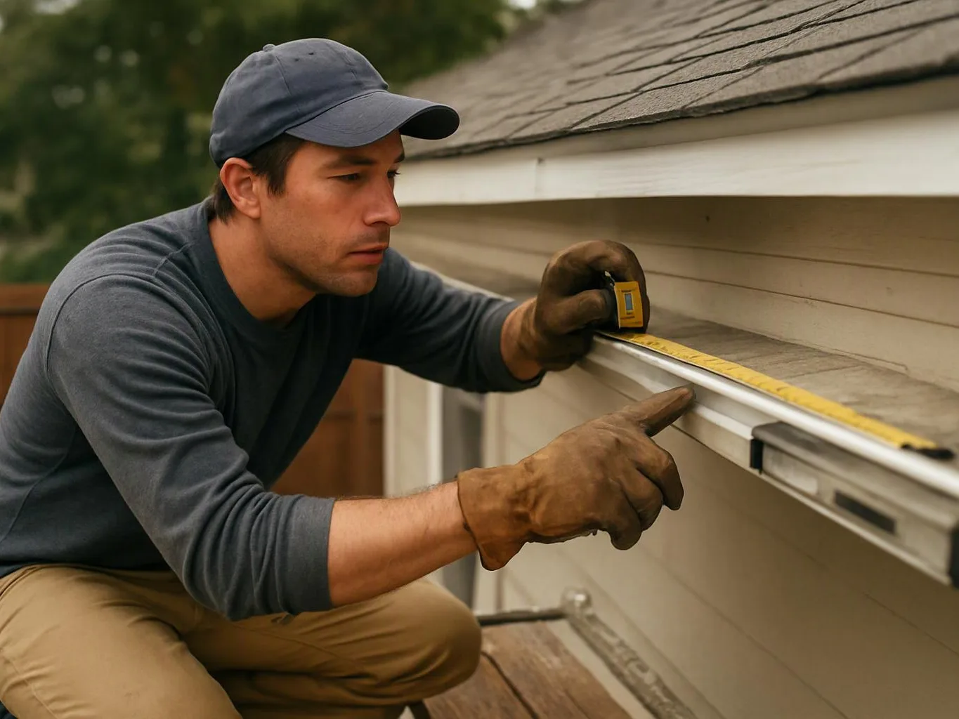 A man in gloves measures a roof edge with a tape measure beside a house exterior