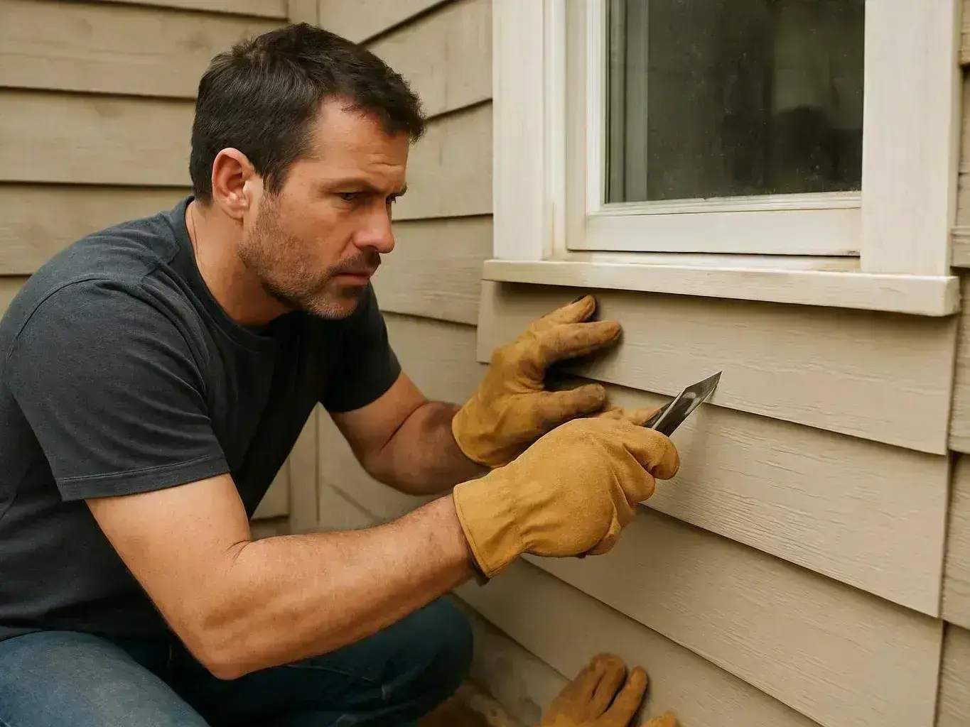 A man in gloves scrapes paint from house siding beside a window