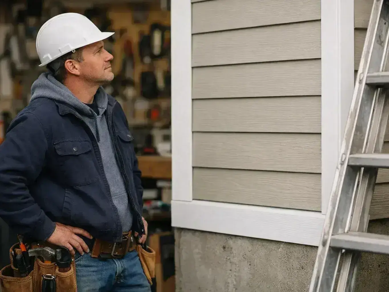 A man in a hard hat stands beside house siding and a ladder, inspecting the wall