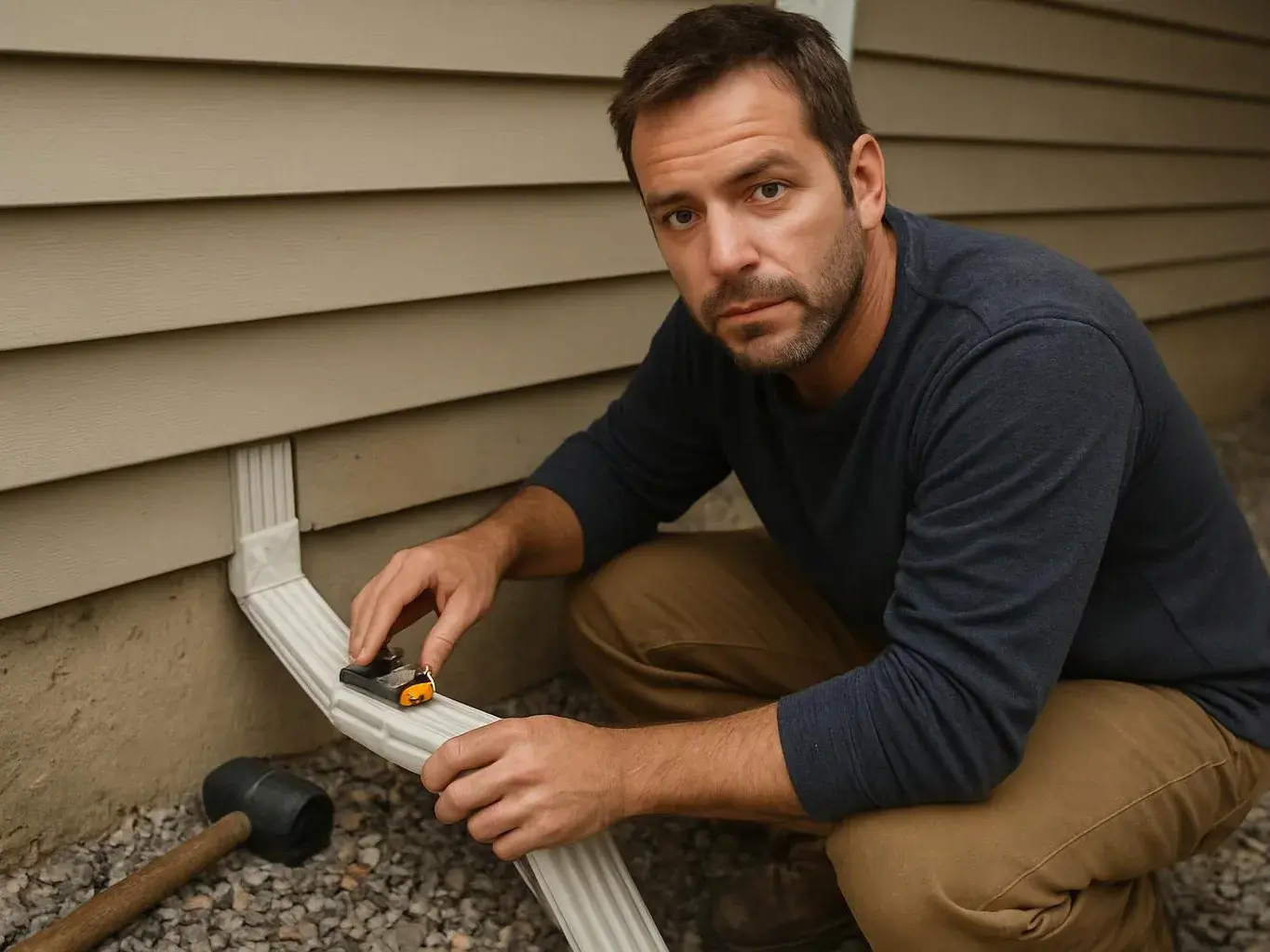 A man kneels beside house siding, fitting a white downspout while holding a small tool and hammer on gravel