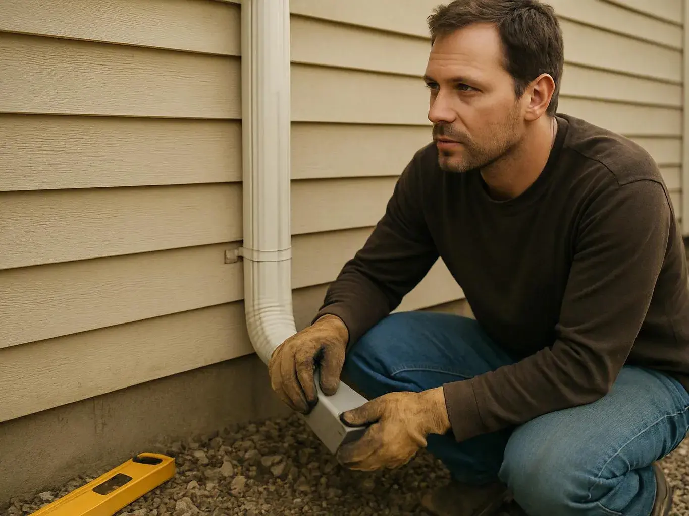 A man kneels beside a house wall, holding a downspout piece near a gravel foundation