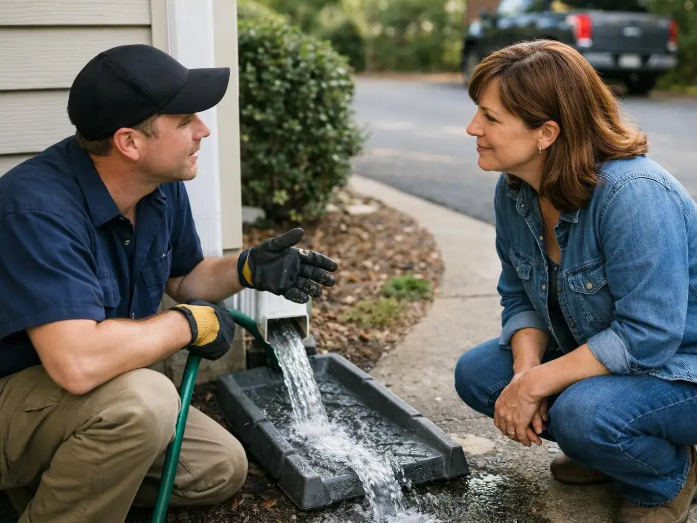 A man kneels by a downspout, catching running water in a tray while a woman watches beside him