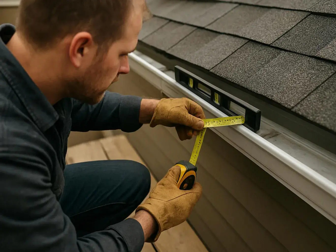 A man kneels on a roof, measuring the gutter edge with a tape measure and level